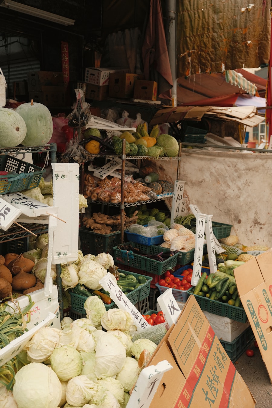 Baskets of fresh produce at a market stall