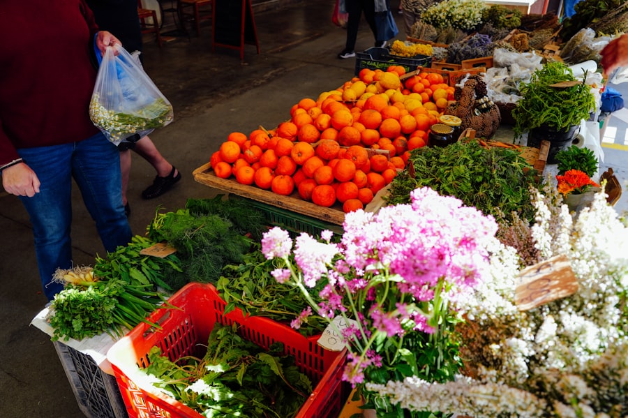 A farmers’ market stall with produce and a vendor